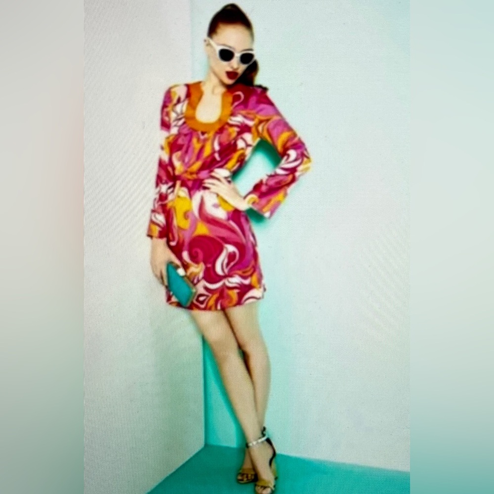 Banana Republic x Trina Turk Pink Orange Swirl Silk Shift Dress Mod 2